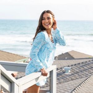 Charlie Holiday Blue & White Hooded Swim Palm Leaf Coverup